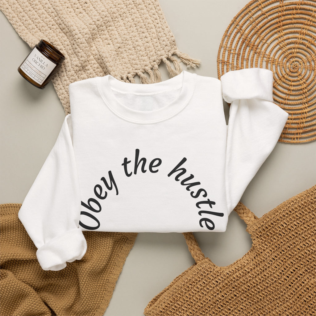 Obey The Hustle Crewneck Sweatshirt — "Respect the Struggle" Graphic Sweatshirt with Cross Back Art