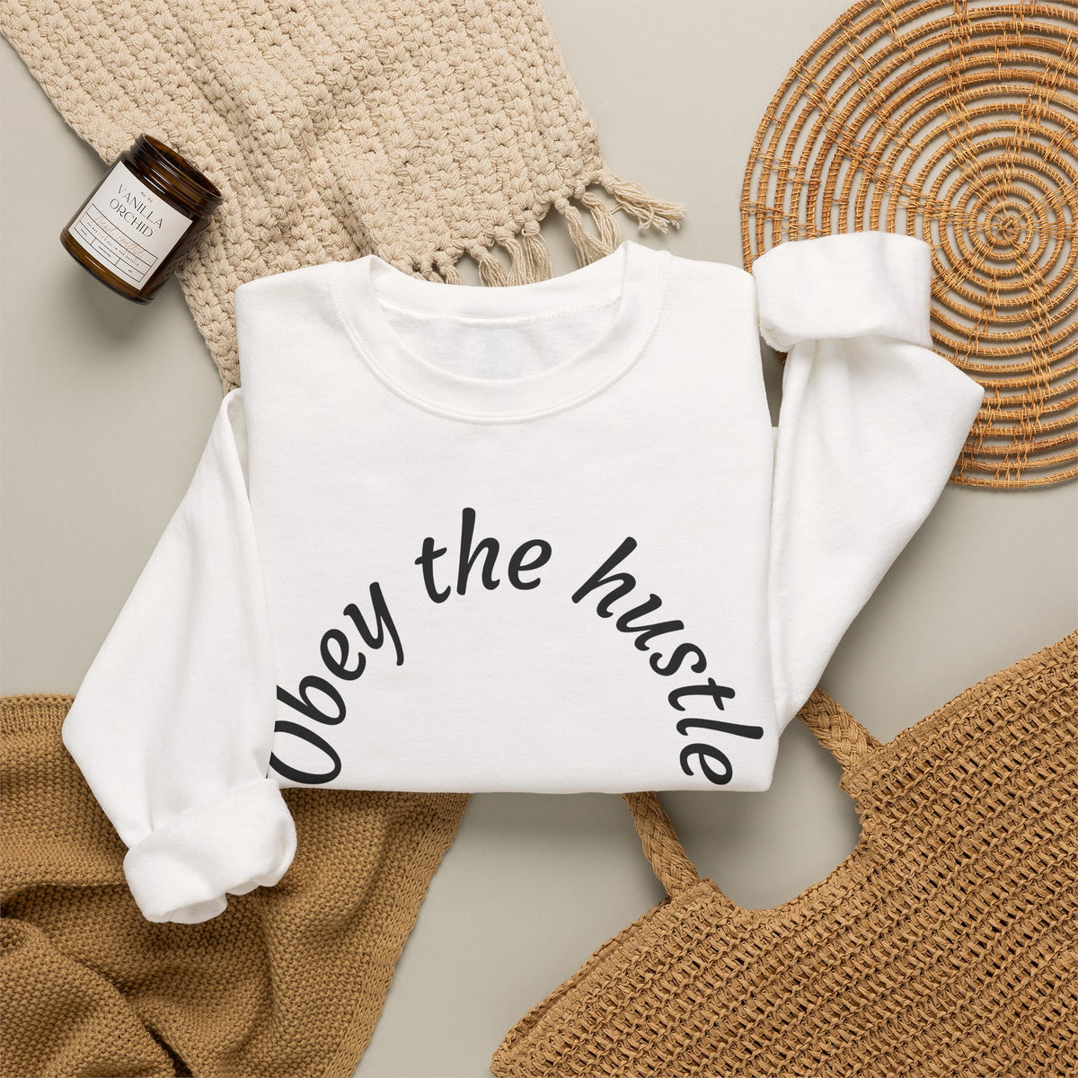 Obey The Hustle Crewneck Sweatshirt — "Respect the Struggle" Graphic Sweatshirt with Cross Back Art